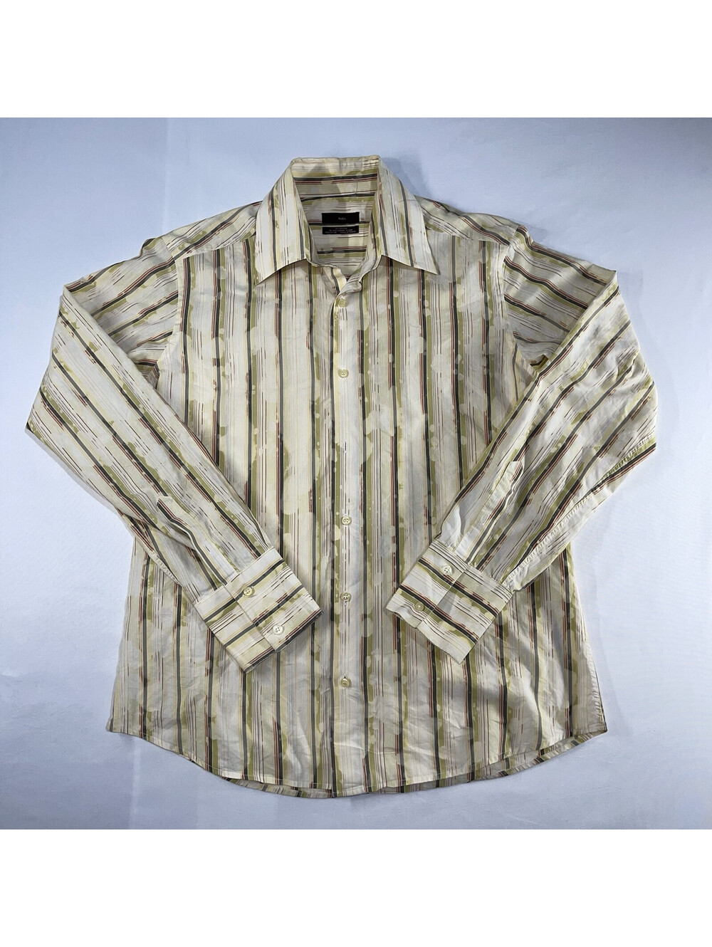 Zara Man Shirt Large Beige Long Sleeve Button Down Bleach Dye Casual Preppy